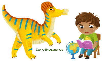 cartoon happy and funny colorful prehistoric dinosaur dino cerythosaurus isolated illustration with child pointing on animal and reading learing school book of natural history