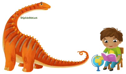cartoon happy and funny colorful prehistoric dinosaur dino diplodocus isolated illustration with child pointing on animal and reading learing school book of natural history © honeyflavour