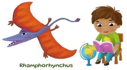 cartoon happy and funny colorful prehistoric dinosaur dino rhamphorhynchus isolated illustration with child pointing on animal and reading learing school book