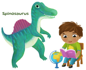 cartoon happy and funny colorful prehistoric dinosaur dino spinosaurus isolated illustration with child pointing on animal and reading learing school book of natural history
