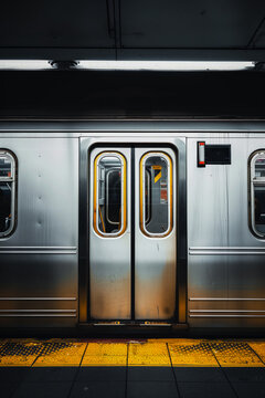 Closed subway doors on a modern train at the station. Generative AI image