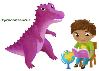 cartoon happy and funny colorful prehistoric dinosaur dino tyrannosaurus isolated illustration with child pointing on animal and reading learing school book of natural history