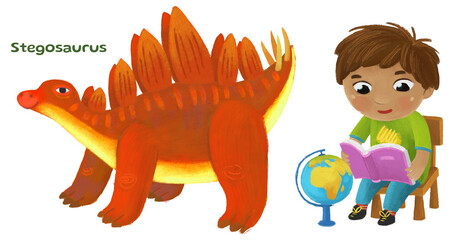 cartoon happy and funny colorful prehistoric dinosaur dino stegosaurus isolated illustration with child pointing on animal and reading learing school book of natural history © honeyflavour