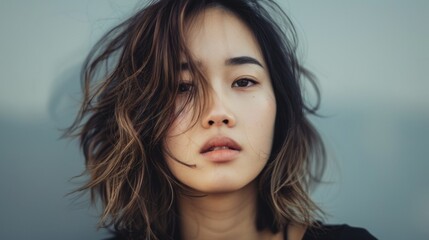 Young Woman With Wavy Brunette Hair Looks Directly at Camera