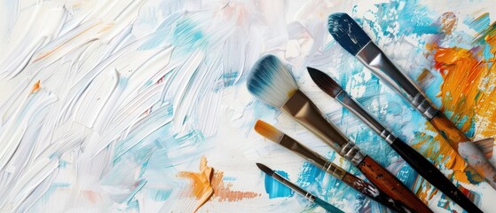 Fototapeta premium A painting with a variety of paintbrushes and paint on a white background