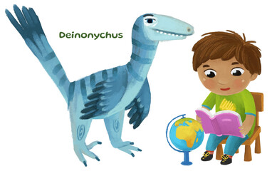 cartoon happy and funny colorful prehistoric dinosaur dino deinonychus isolated illustration with child pointing on animal and reading learing school book of natural history