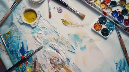 Painting idea with brushes paints and palette on white backdrop