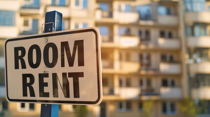 Obraz premium ROOM FOR RENT Sign in Front of a Modern Apartment with Blurred City Background