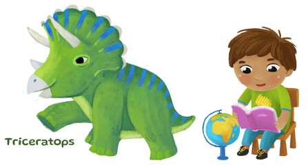 cartoon happy and funny colorful prehistoric dinosaur dino triceratops isolated illustration with child pointing on animal and reading learing school book of natural history