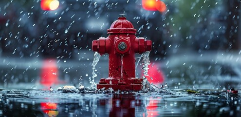 Red Fire Hydrant Leaking Water in the Rain With Fallen Leaves