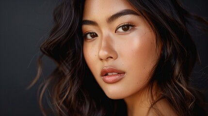 Fototapeta premium Close Up Portrait of a Young Woman With Long Brown Hair and Makeup
