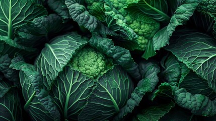 Obraz premium Green Cauliflower Leaves: Close-Up in Autumn - Creative Banner