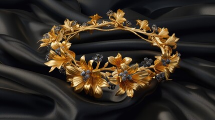 A gold crown adorned with sparkling rhinestones lays on black satin fabric