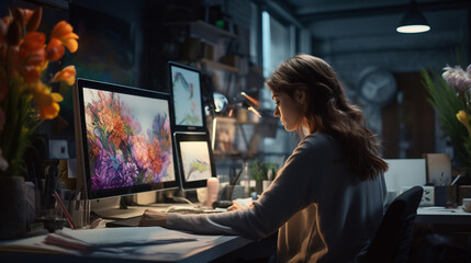 Female digital artist working on a colorful design in a creative studio