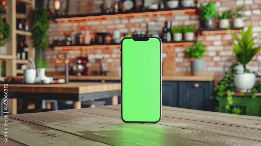 Wall mural mobile phone on kitchen table with green screen display and mock up using chroma key monitor