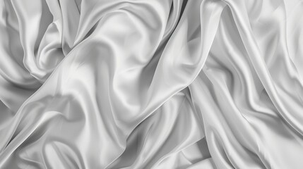 Obraz premium White light gray silvery silk satin draped fabric background Luxurious silvercolored backdrop with soft folds and creases Wide panoramic banner format