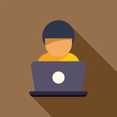Young man working from home or office using laptop computer, flat design concept illustration with long shadow