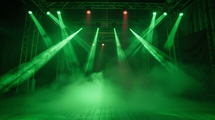 Stage Lighting With Green Beams and Fog in a Dark Venue