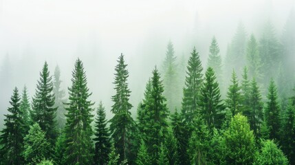 Fototapeta premium Tall evergreen trees stand in a thick forest, blanketed by fog that swirls between the branches