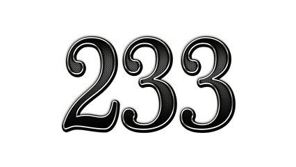 black metal 3d design of number 233 on white background.