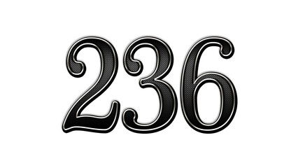 black metal 3d design of number 236 on white background.