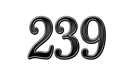 black metal 3d design of number 239 on white background.