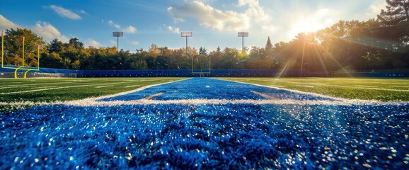 A football field with blue accents and bright sunlight, highlighting the vibrant and lively scene