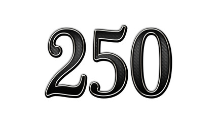 black metal 3d design of number 250 on white background.