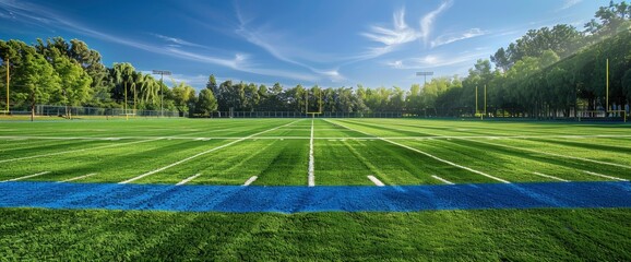 A football field with blue accents and vibrant grass, reflecting a professional and well-maintained setting