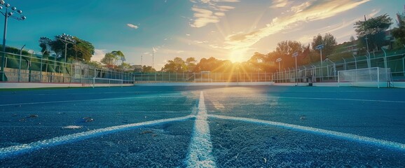A football field with blue accents and vibrant sun, highlighting the lively and energetic atmosphere