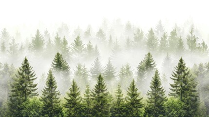 Obraz premium Tall evergreen trees stand in a thick forest, blanketed by fog that swirls between the branches