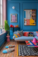 modern living room with pastel blue walls. A sofa in the center covered with colorful blankets and pillows