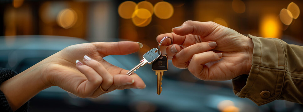 Close-up of a real estate agent handing over keys to a customer in a white minimalist office, copy space concept banner and web design. 
