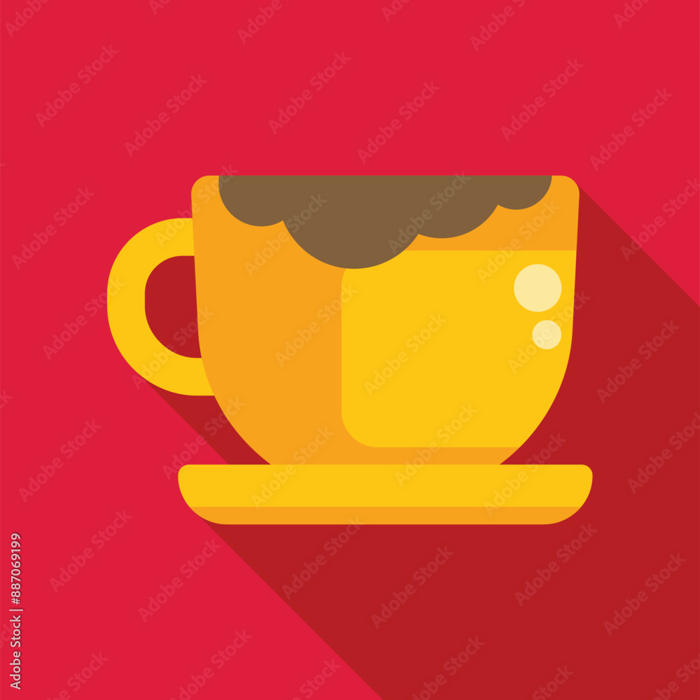 Sticker Yellow coffee cup standing on a yellow plate with a long shadow, simple flat design of a hot beverage on a red background