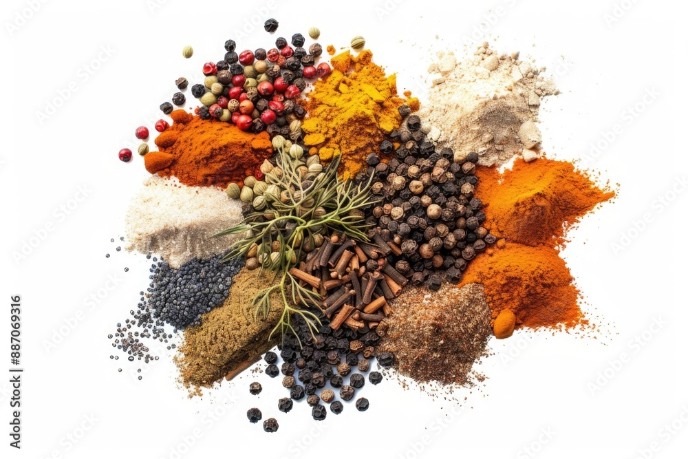 Aufkleber a selection of various spices and herbs arranged on a white surface