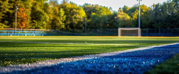 Obraz premium A meticulously maintained football field with stylish blue sidelines and nets, reflecting high standards and attention to detail
