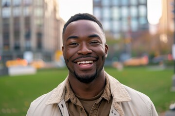 handsome mixed race man smiling in front of a green park, facing the camera