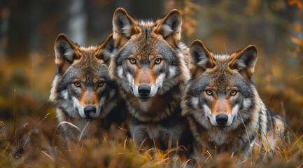 Obraz premium Pack of Wolves Standing Together in Autumn Forest 