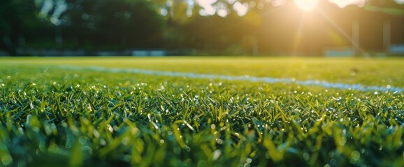 Fototapeta premium A picturesque blurry football field bathed in radiant sunlight, enhancing its vibrant green grass
