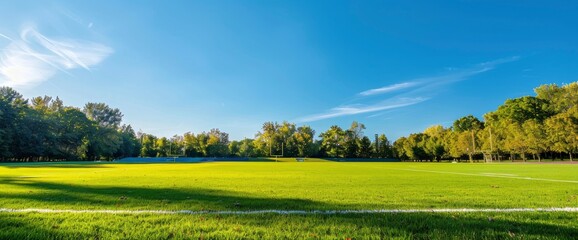 Obraz premium A scenic football field framed by a clear blue sky and vibrant green grass, offering a picturesque and inviting view