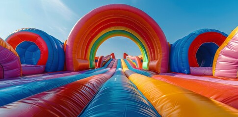 Colorful Inflatable Slide Obstacle Course Under Sunny Skies