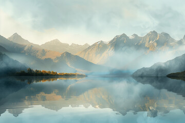 Soft morning light illuminating mist hovering over a serene mountain lake, with reflections of distant peaks