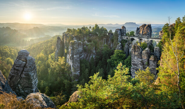 Bastei panorama at sunrise, Saxon Switzerland, Saxony, Germany	