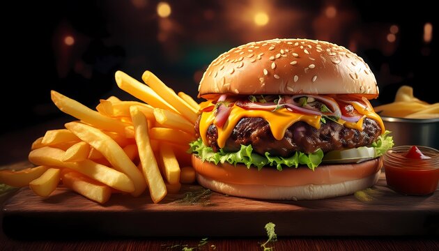 Fresh tasty hamburger on the table with french fries. Generative ai image