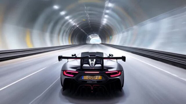 A grey sports car with a large rear wing drives through a tunnel.