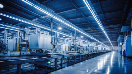 Fototapeta premium Modern industrial factory interior with automated machinery and blue lighting