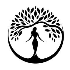 Fototapeta premium Minimalist tree woman silhouette logo on white background