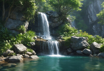Naklejka premium A serene photo of a waterfall surrounded by lush greenery, trees, and rocks. A small stream flows gently through the jungle landscape, capturing the essence of summer nature. waterfall in the forest