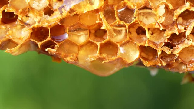 Honey flowing on the surface honeycombs. Closeup of a honeycomb with honey. Background texture and pattern of a section of wax honeycomb from a bee hive filled with honey