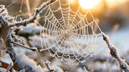 A closeup of winter spider webs illuminated by the morning sun draped over frost covered branches and glistening with dew like droplets